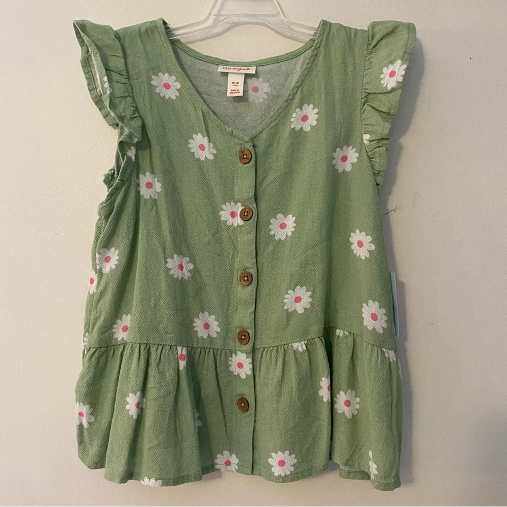Cat & Jack Sage Green Floral Button up Top Size M - Picture 1 of 4